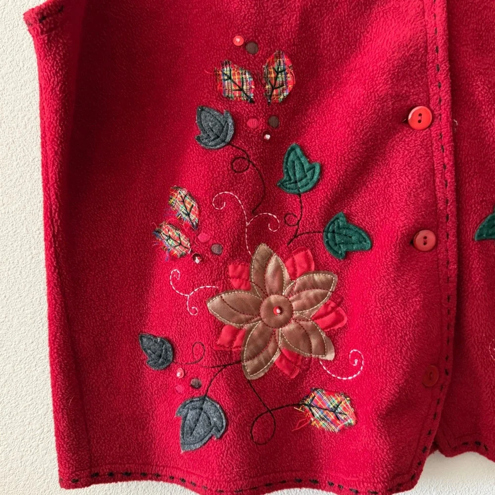 CAROLYN TAYLOR Womens Embroidered Fleece Vest Cottagecore Festive Holiday Size L